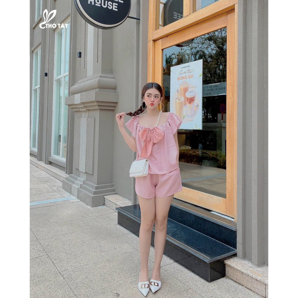 Set bộ áo tay ngắn nơ ngực và quần ngắn xinh xắn