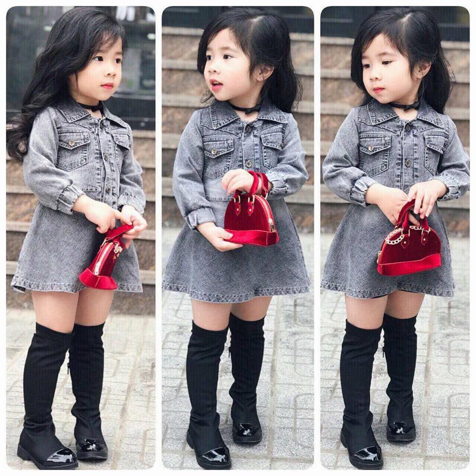 Váy bò bé gái xanh và ghi tối
