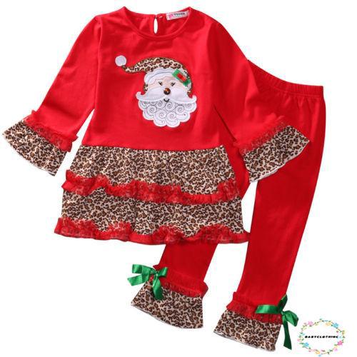 Set áo thun tay dài phối bèo + quần ông già Noel cho bé gái
