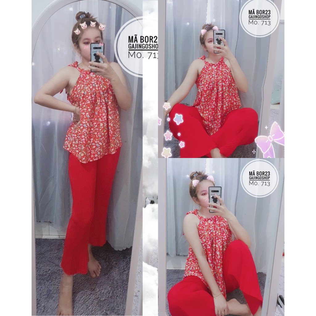 BOR23 - Set bộ hai dây dưới 60 kg- set bộ áo yếm hoa quần dập ly hình thật | BigBuy360 - bigbuy360.vn