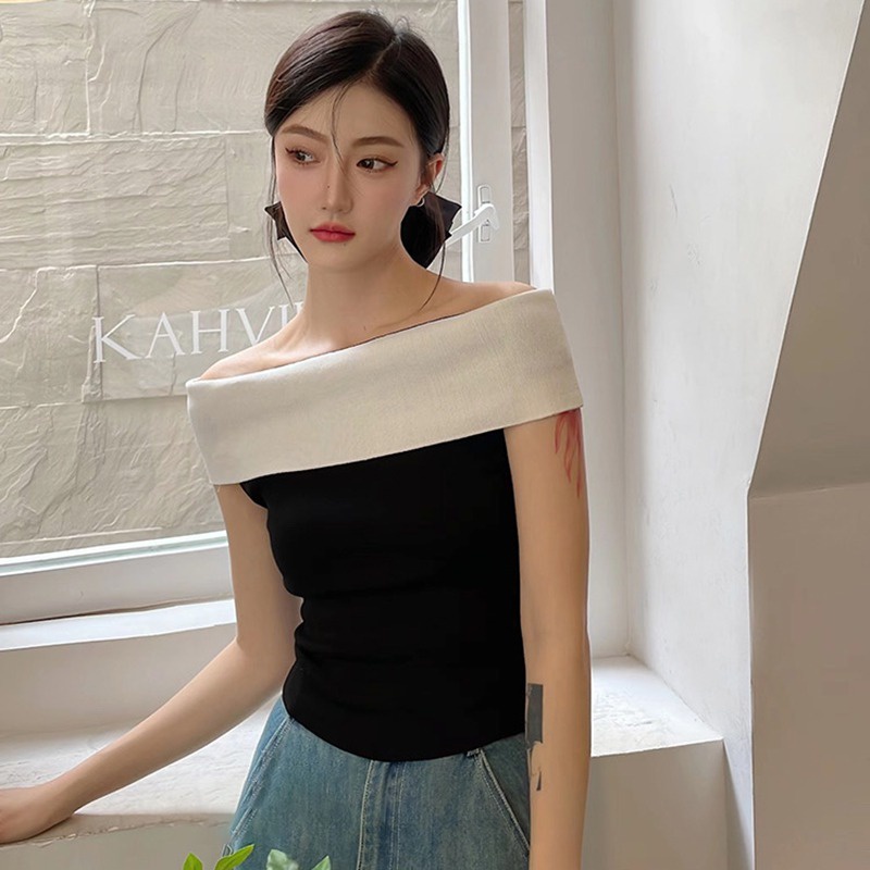 Áo Croptop Dệt Kim Trễ Vai Tay Ngắn Dáng Ôm Kẻ Sọc Màu Tương Phản Kiểu Retro Thời Trang Cho Nữ