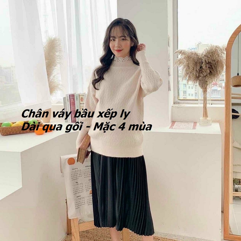 Chân Váy Bầu Xếp Li Qua Gối Hàng Đẹp - Diện 4 Mùa Trẻ Trung Cho Mẹ Bầu