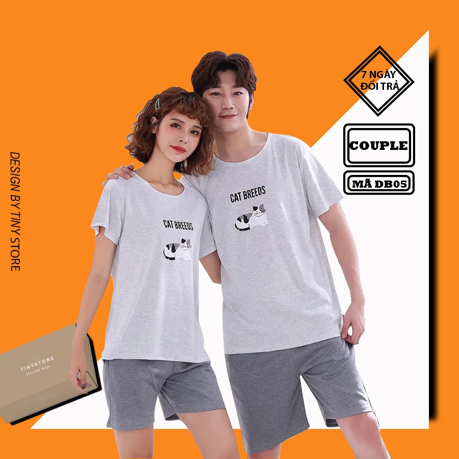 Đồ đôi nam nữ thun cotton, Đồ bộ đôi nam nữ in hình mèo dễ thương, Đồ ngủ cặp đôi Hàn Quốc mã DB05