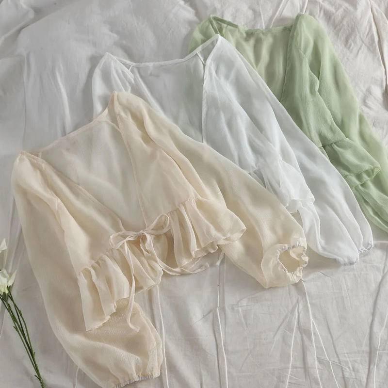 🔥Áo khoác cardigan vải voan dáng rộng tay dài chống nắng mặc ngoài áo hai dây có dây buộc thời trang cho nữ