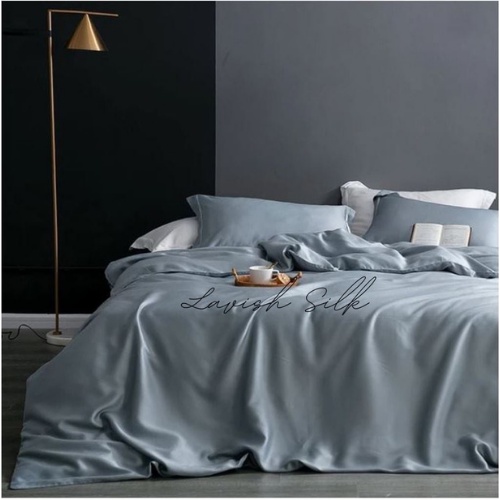 Trọn Bộ Chăn Ga Gối Phi Lụa Xám Ánh Xanh Lavish Silk Cao Cấp Mát Lạnh Hàng Loại 1 Không Nối Vải - CG016