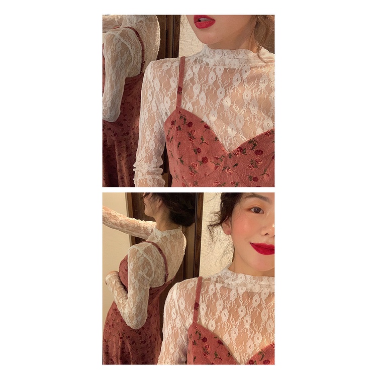 Outer wear summer Western style base shirt Women's sun-proof T-shirt long-sleeved hollow-out top sexy mesh lace thin 9u