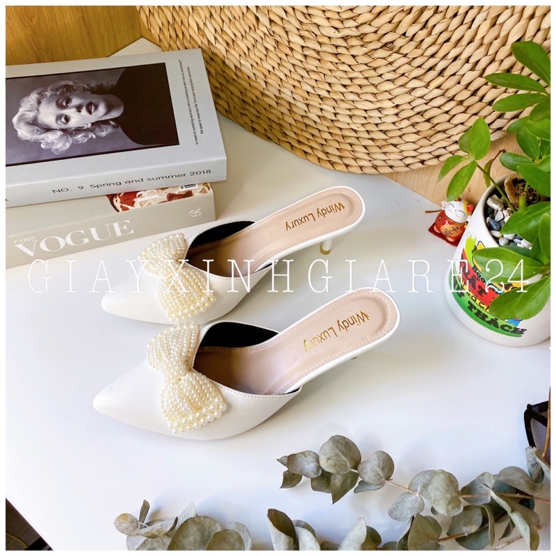 Giày cao gót bít mũi nơ hạt kết ngọc siêu đẹp GBMNC