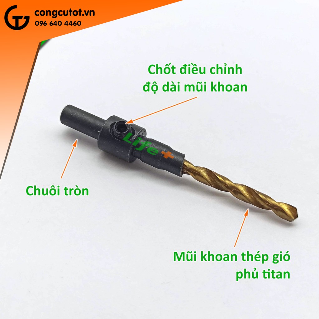 Bộ 5 mũi khoan 2 tầng chỉnh cữ bắt âm mũ vít 2.38-3.97mm phủ titan chuôi tròn