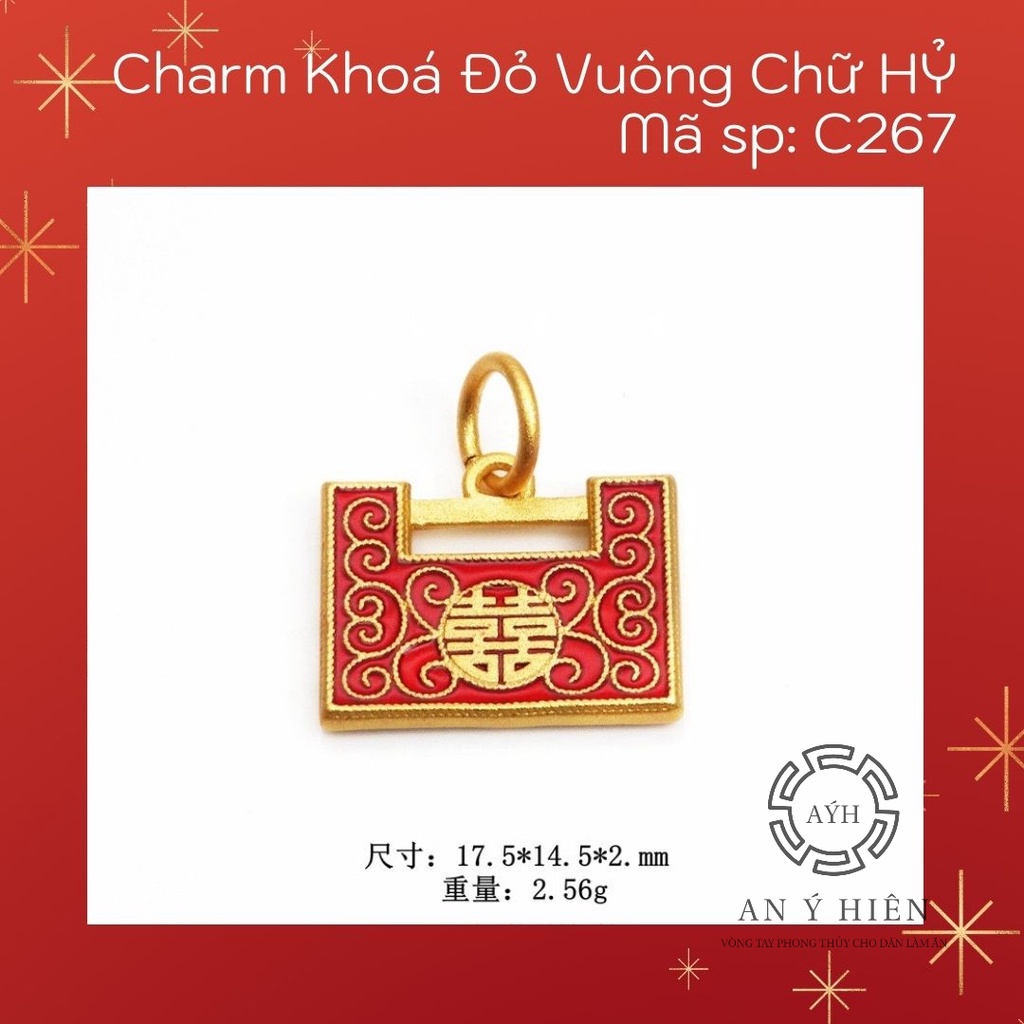 Charm Khóa đỏ vuông chữ Hỷ #C267( An Ý Hiên)