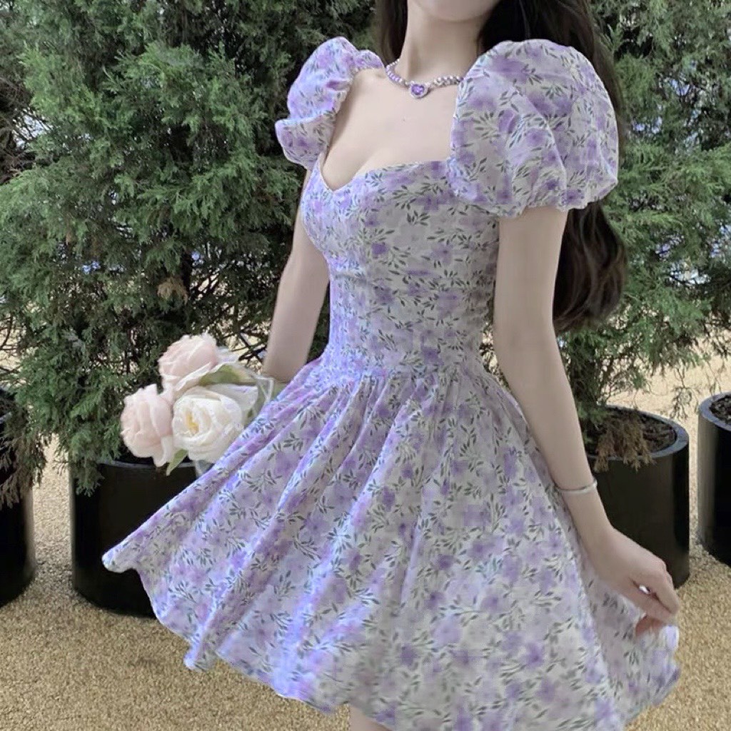 Váy tay bồng, váy hoa tím cổ U đủ size SML