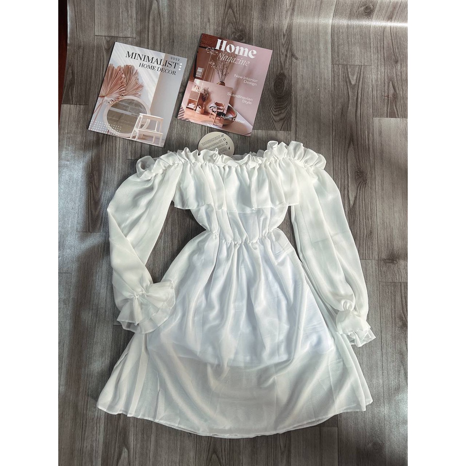 Áo váy trễ vai trắng 2 lớp tiểu thư - Váy ren bèo ngực nhiều lớp , tay bồng xuyên thấu nữ - Chất liệu đũi mềm mịn xinh | BigBuy360 - bigbuy360.vn