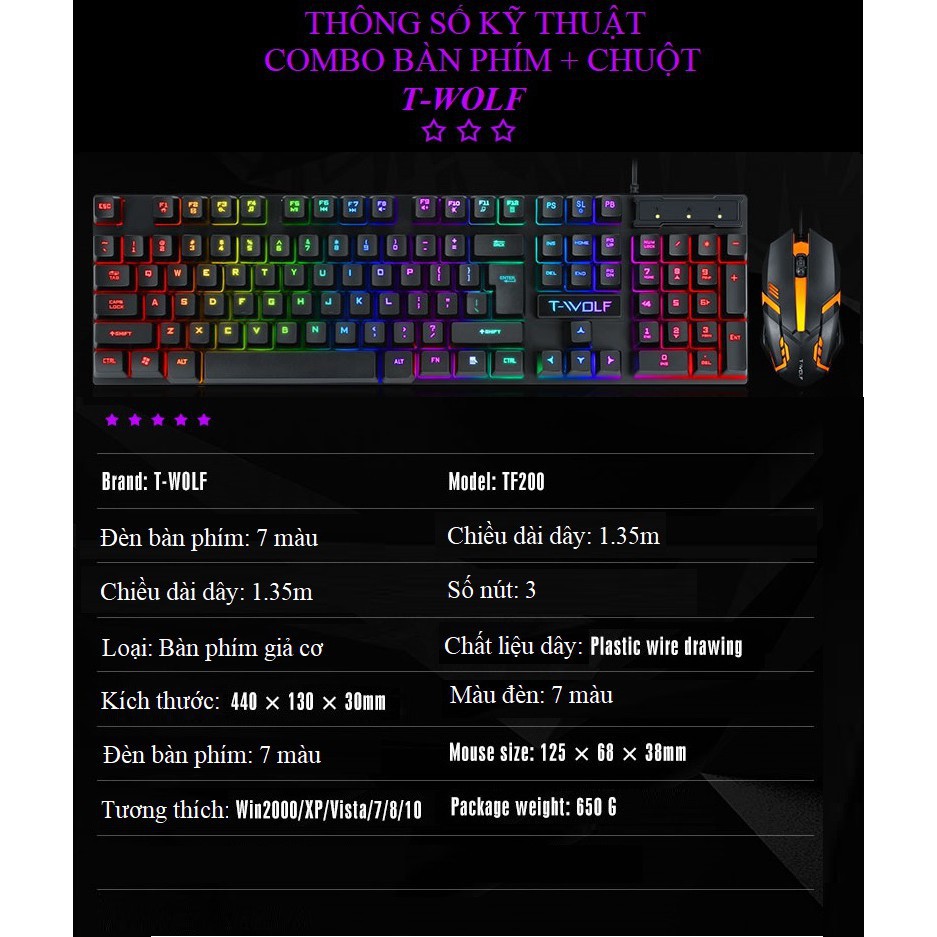 Bộ Bàn Phím chuột giả cơ Có Dây Kèm chuột TF200 chuyên game - Đèn LED 7 màu | BigBuy360 - bigbuy360.vn