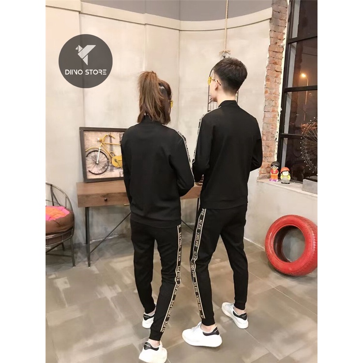 Bộ Thu Đông Nam Nữ Thêu Chữ, Quần Áo Thu Đông Nam Nữ Đen Dài Tay Có Cổ Cao Cấp Hàn Quốc - Dino store