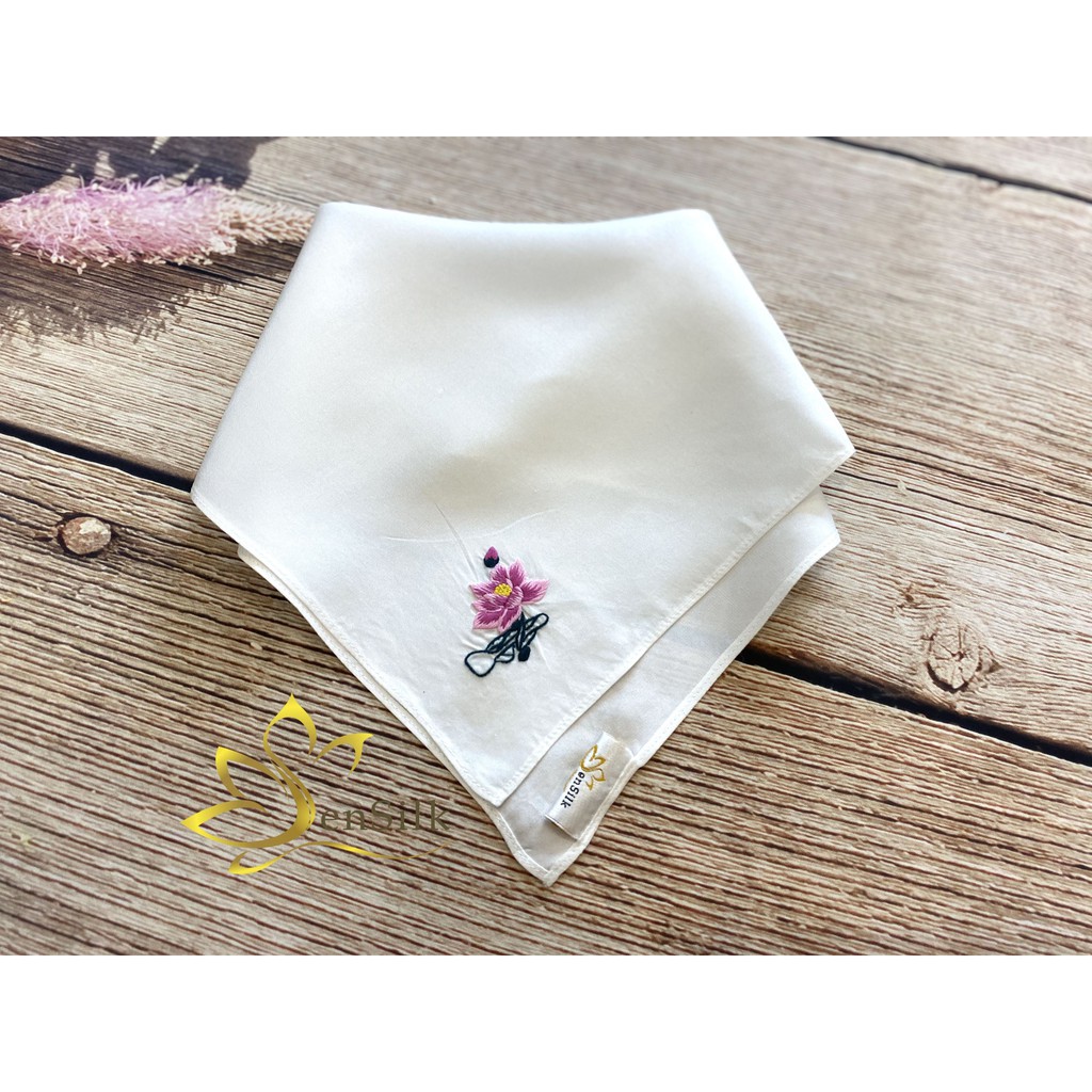 Khăn Mùi Xoa Lụa Cao Cấp SenSilk thêu Quốc hoa Việt Nam 35x35cm, Quà Tặng khách nước ngoài