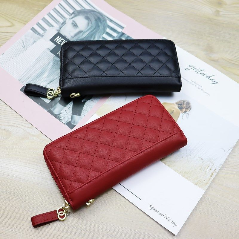 European And American Small Wallet Female 2021 New Korean Version Wild Embroidery Grid Zipper Clutch Large Capacity Long Wallet