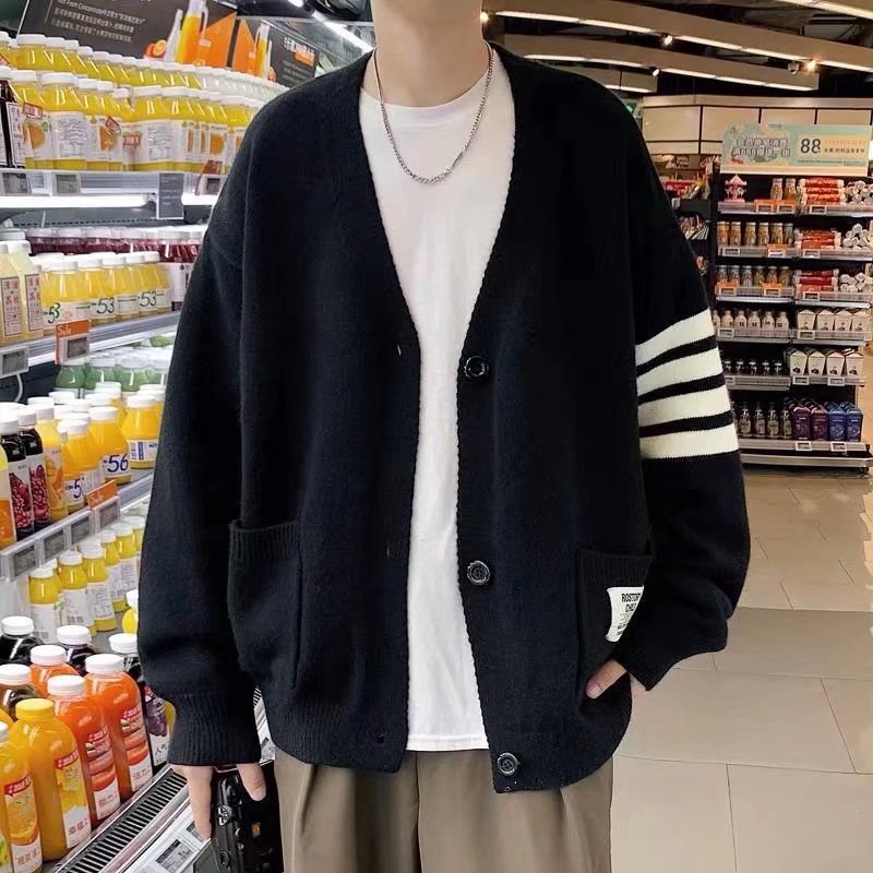 Áo khoác cardigan dệt kim dáng rộng họa tiết kẻ sọc thời trang Hàn Quốc đơn giản cho nam