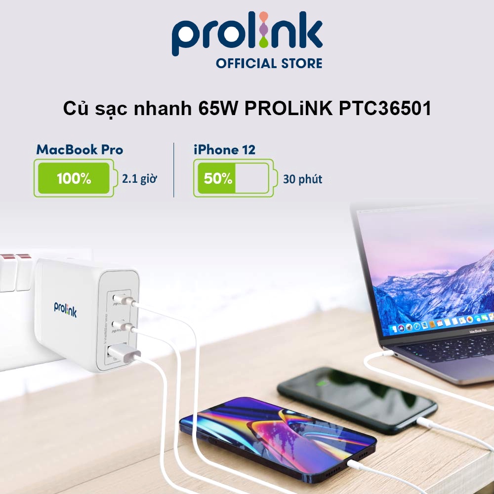 Củ sạc nhanh 65W PROLiNK PTC36501, 3 cổng (USB-A QC 3.0 & 2USB-C PD 3.0) IntelliSense, dùng cho điện thoại, iPad, Laptop