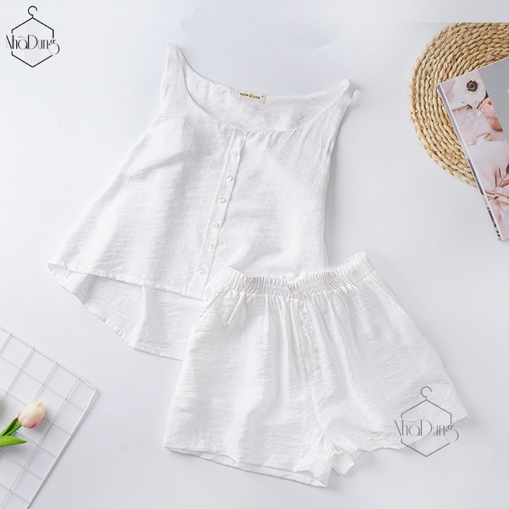 Đồ mặc nhà đồ ngủ nữ vải đũi nhăn mềm có túi cách điệu nút áo xinh xắn size từ 40-70kg | BigBuy360 - bigbuy360.vn
