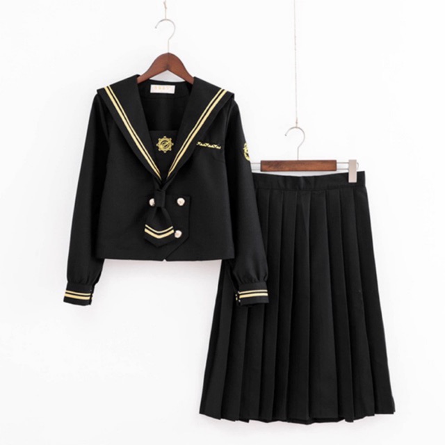 Set đồng phục nữ sinh Nhật Bản/ seifuku thêu họa tiết xạ thủ vàng: Áo cổ thủy thủ + Chân váy