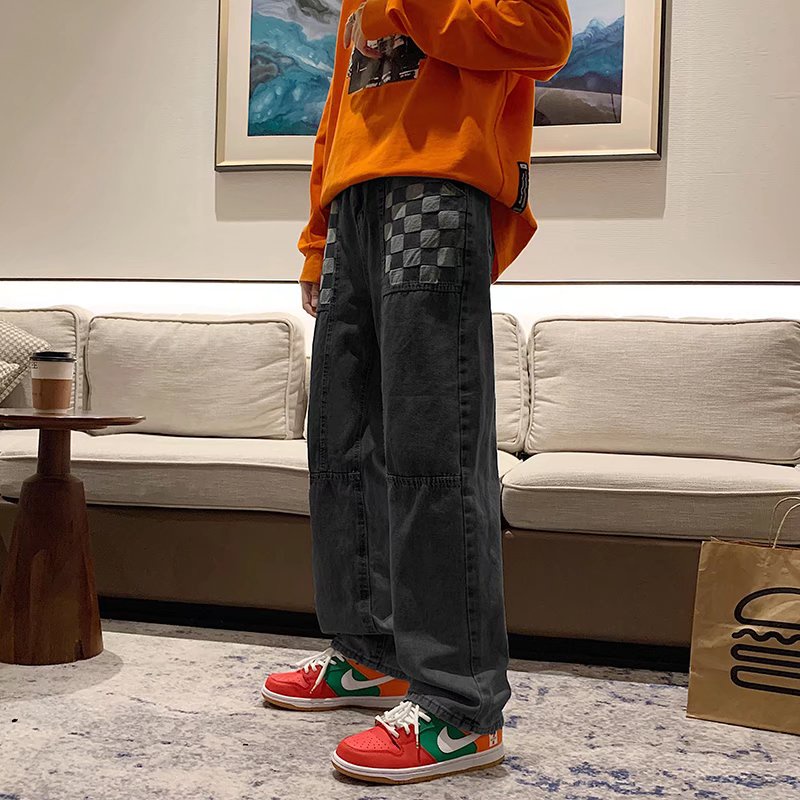 Quần jean dài ống rộng cỡ lớn kẻ caro phong cách hip hop thời trang mùa đông cho nam size S-3XL