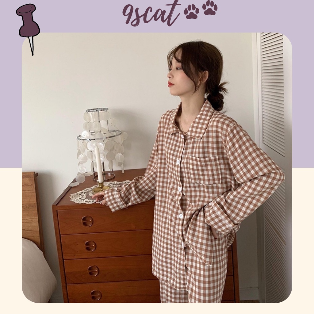 BN3_Bộ ngủ pijama, bộ mặc nhà dài tay kẻ caro cotton dành cho nữ