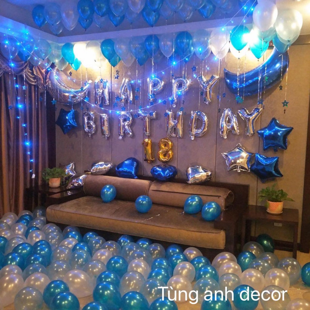 (Tặng Kèm Dây Đèn Led) Bộ Bóng Bay Trang Trí Sinh Nhật Happy Birthday Ms15 Màu Xanh Nhũ