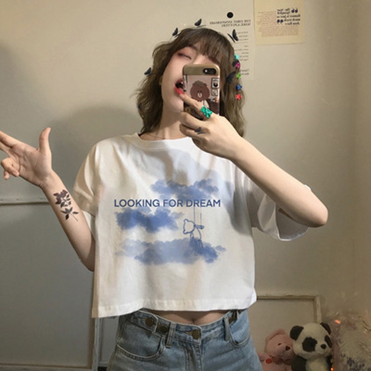 Áo Thun crop Top Tay Ngắn Dáng Ôm Màu Nhuộm Kiểu Hàn Quốc Dễ Thương Cho Học Sinh 2021