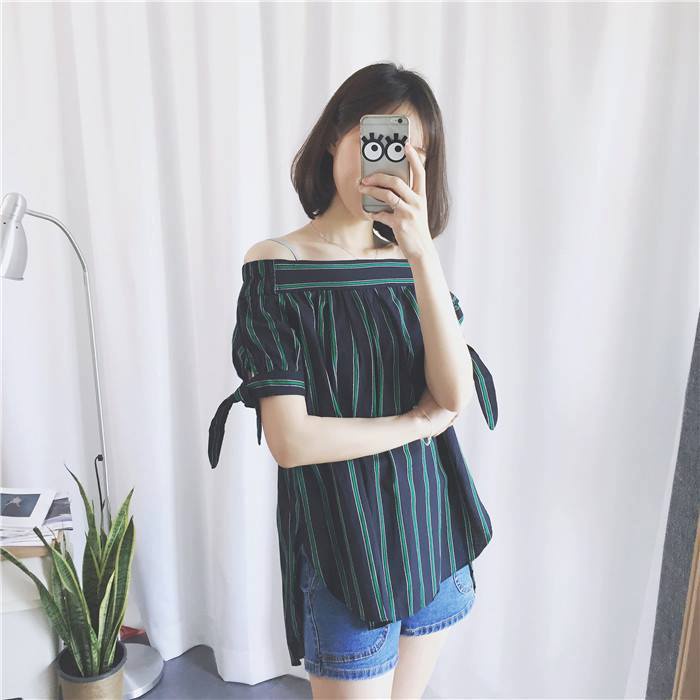Áo bệt vai sọc xanh - Áo trễ vai