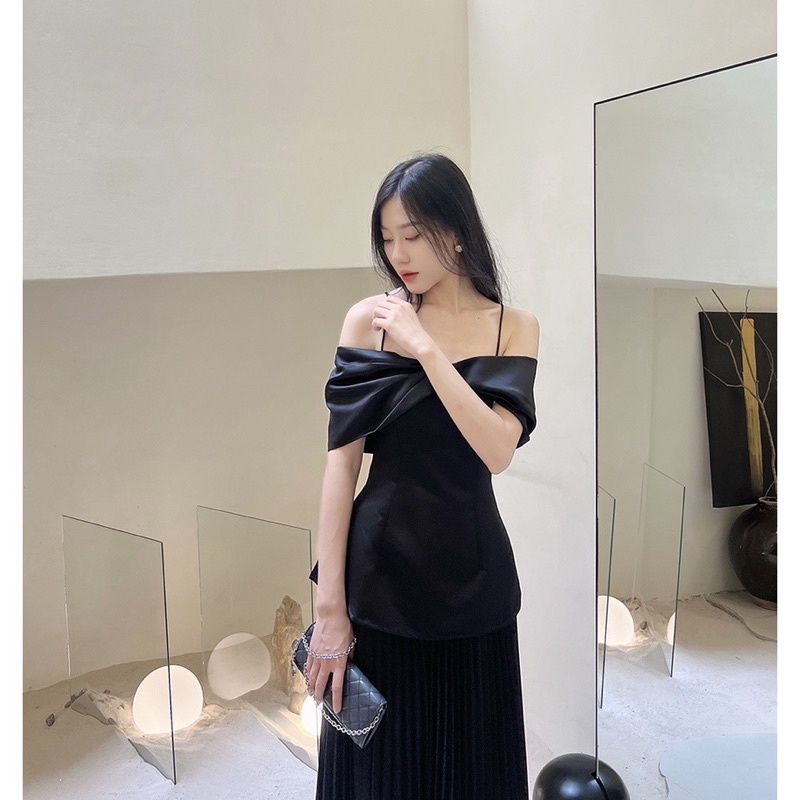 ÁO THIẾT KẾ CAO CẤP HAI LỚP TRỄ VAI NƠ TRƯỚC NGỰC DÁNG PEPLUM GIẤU BỤNG SUN FASHION