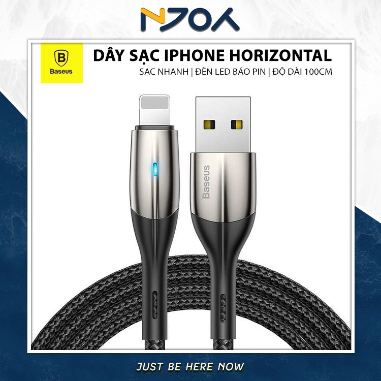 [BH 6 THÁNG] DÂY SẠC NHANH IPHONE TỰ NGẮT CÓ ĐÈN LED 2.4A CHÍNH HÃNG BASEUS HORIZONTAL CABLE DATA 1M ĐEN