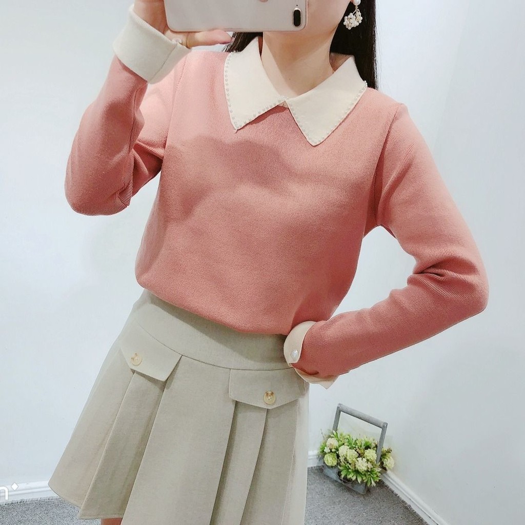 Áo len chui đầu ngọt ngào nữ cổ búp bê Hàn Quốc lọ rộng tay dài phía dưới vạt