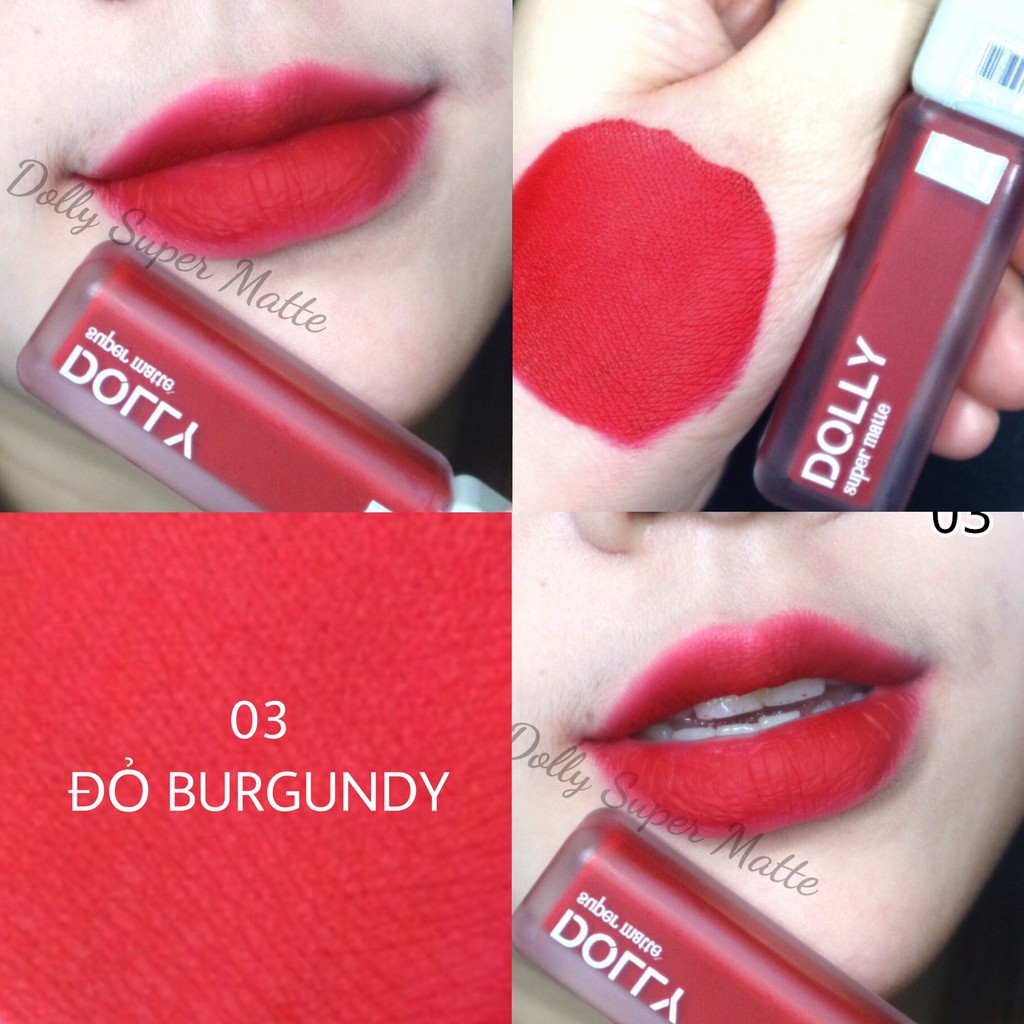 Son kem lì màu đỏ BURGUNDY Dolly super matte, son kem lì không chì bền màu lâu trôi, mua 2 cây tặng 1 hộp đựng cao cấp