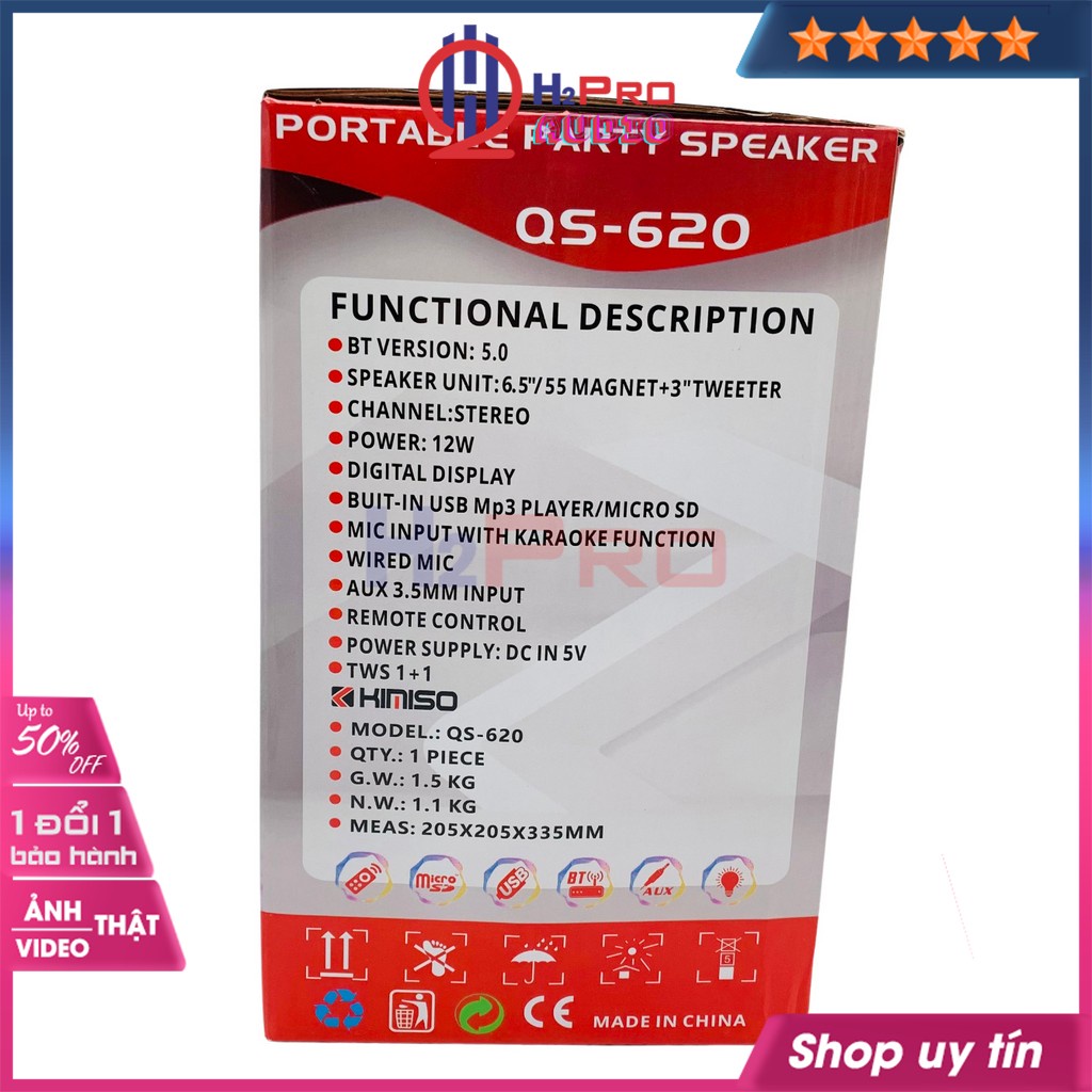Loa Bluetooth Karaoke Mini, loa hát karaoke KIMISO QS-620 bass 16 cao cấp-Đèn led 7 màu, Tặng kèm 1 Micro có dây - H2pro