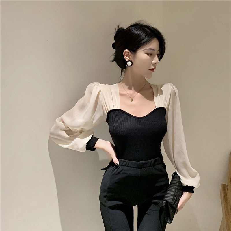 Áo Kiểu Tay Dài Cổ Vuông Dáng Ôm Phong Cách Pháp Sang Trọng Cho Nữ