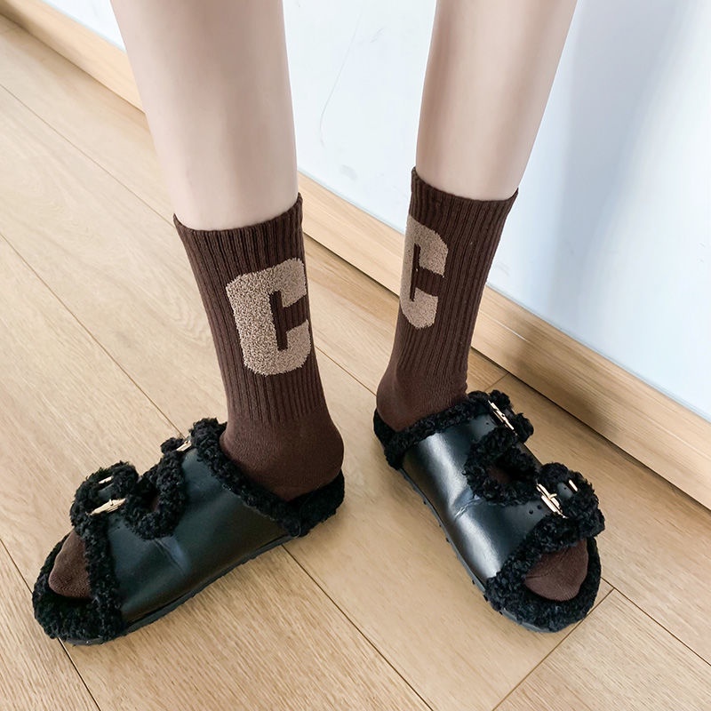 Vớ thể thao WAFNHA D360 vải cotton màu trơn in chữ C phong cách Hàn Quốc