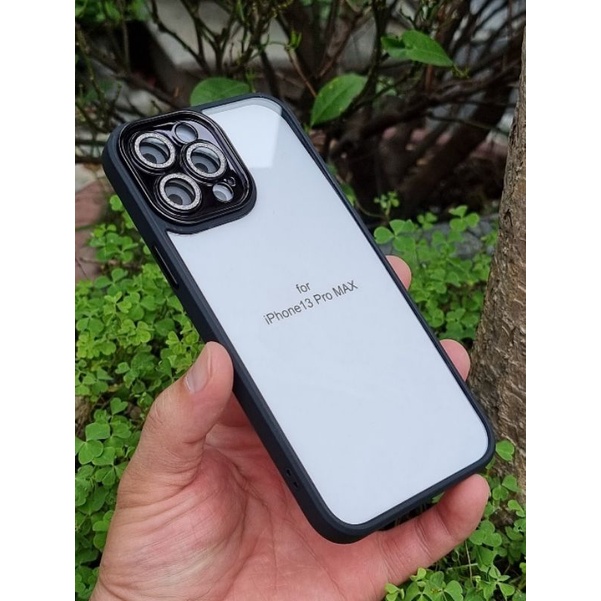 (iPhone 13)_Ốp lưng kính trong viền màu bảo vệ camera gắn đá nhũ cho iPhone 13,13 pro,13 pro max chính hãng Miruyi