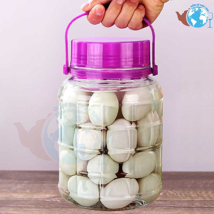 Bình Ngâm Rựu (Hỏa Tốc HCM) bình thủy tinh Dày Coó Quai Xách Nắp Tím 2L-5L-8L-10L ,Keo Ngâm Thủy Tinh