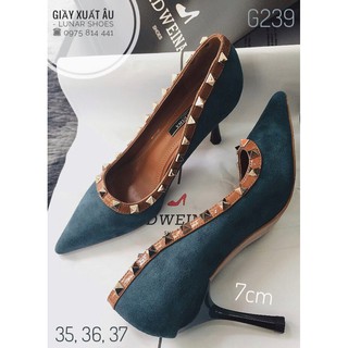 SALE G239 Giầy cao gót xanh viền đinh Sang chảnh
