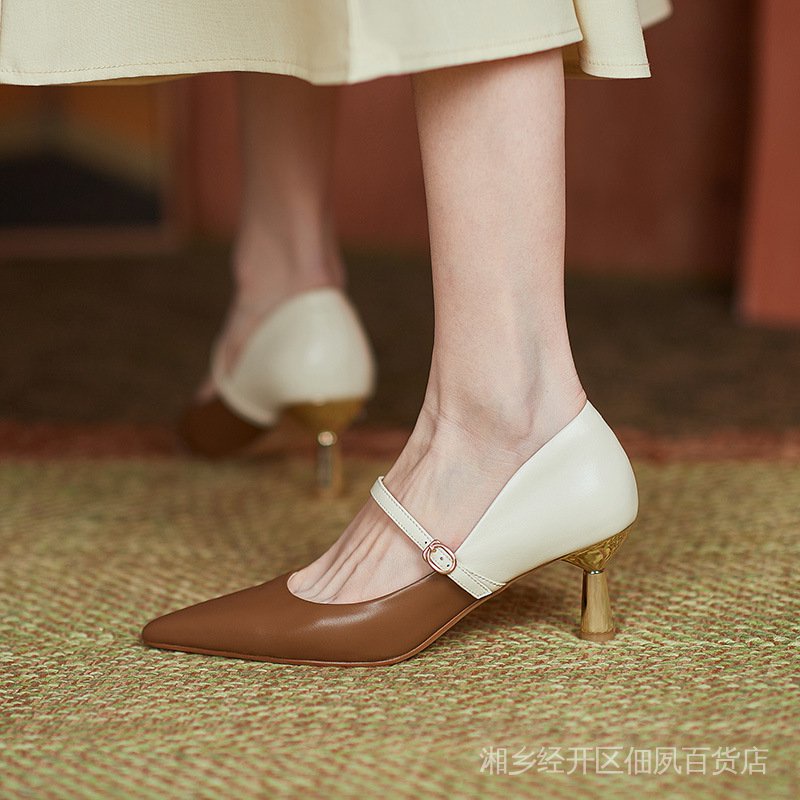 Giày Cao Gót Da Mềm Mũi Nhọn Phong Cách Retro Pháp Thời Trang 2022 Cho Nữ