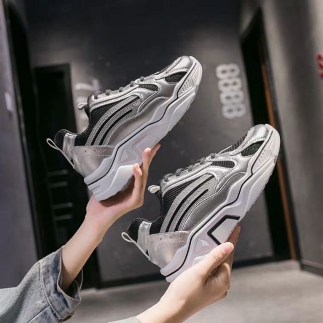 [HÌNH THẬT] Giày bata nữ phản quang phát sáng màu bạc sneaker ulzzang đế 4cm da mềm đi học tập gym đi chơi cầu lông | BigBuy360 - bigbuy360.vn