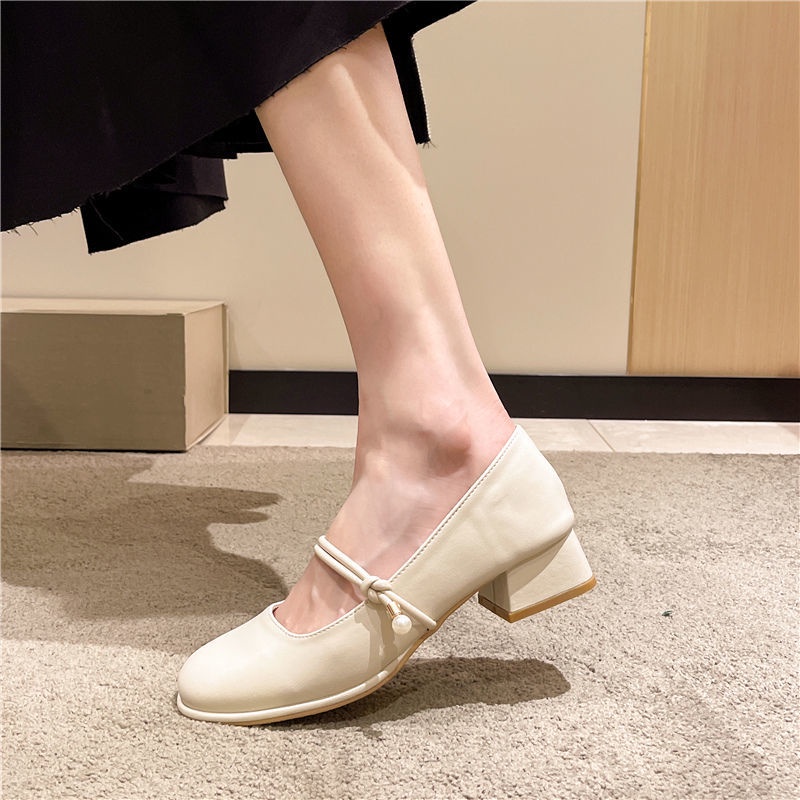 2023 Mới Giày Mary Jane Gót Dày Phong Cách Pháp Dễ Phối Đồ Cho Nữ Sinh
