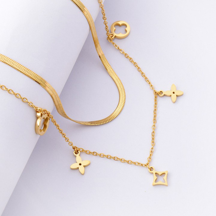 Dây chuyền nữ titan cao cấp kiểu mì dẹp kết hợp chuỗi hoa 4 cánh siêu đẹp, bền màu, hợp thời trang, dễ phối đồ