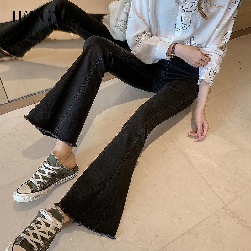 Quần jean IELGY lưng cao ôm dáng ống loe phong cách Hàn Quốc cá tính thời trang dành cho nữ