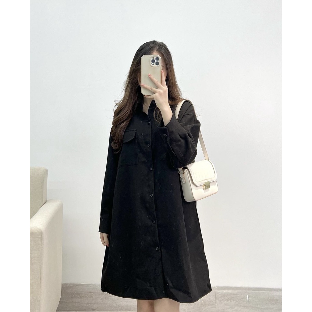 [Ảnh thật/Sẵn] Váy sơ mi trơn basic dáng suông chất nhung tăm dài tay form rộng oversize