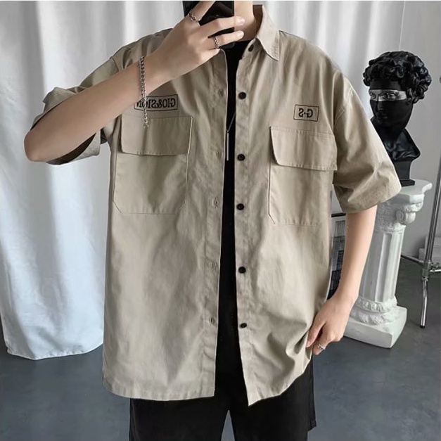 Áo Sơ Mi Tay Ngắn Unisex Thêu GS Phong Cách Hàn Quốc Cho Nam Vải Kaki Đẹp
