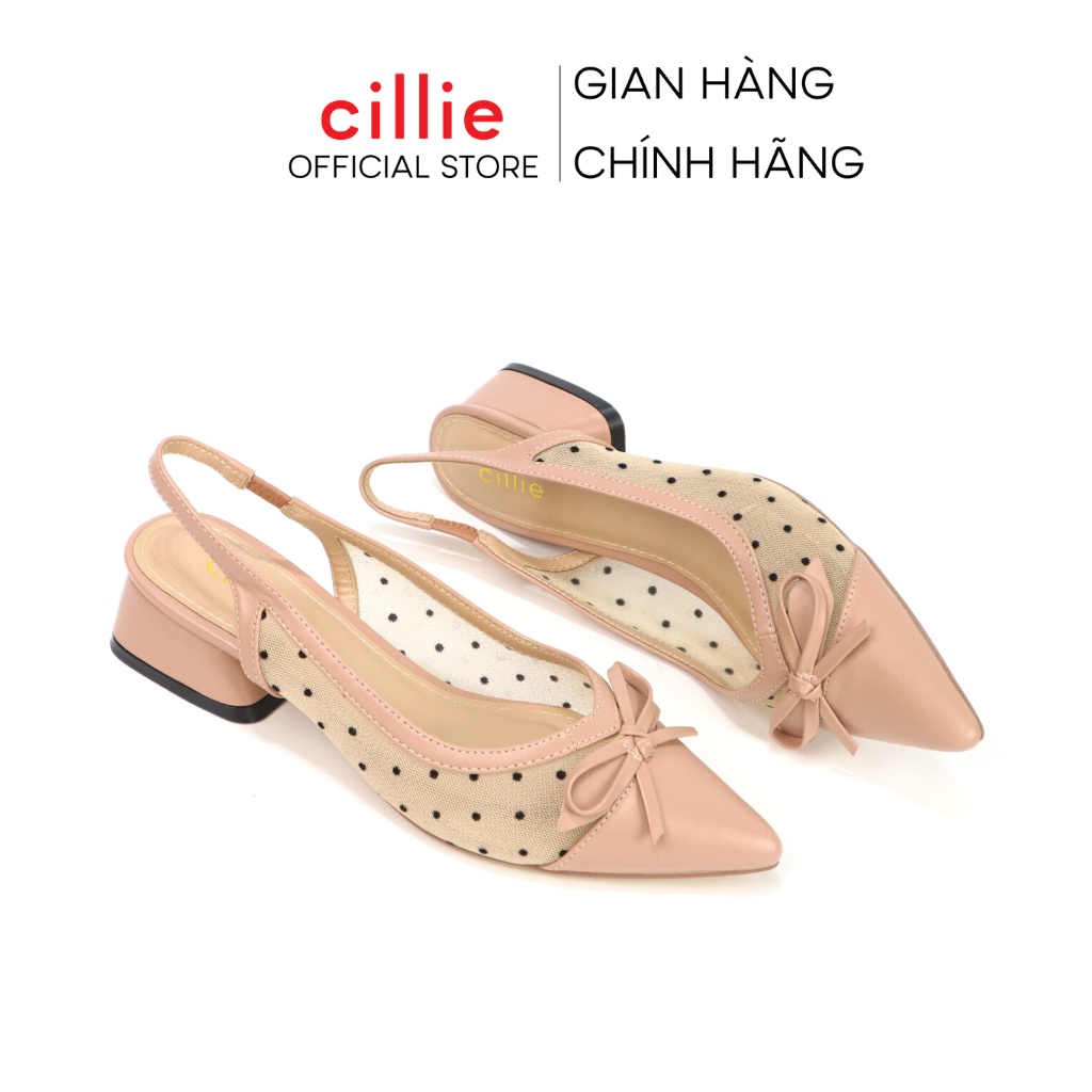 Giày nữ cao gót slingback Cillie mũi nhọn gót trụ vuông 3cm hottrend 2022 phối lưới chấm bi vintage 1044