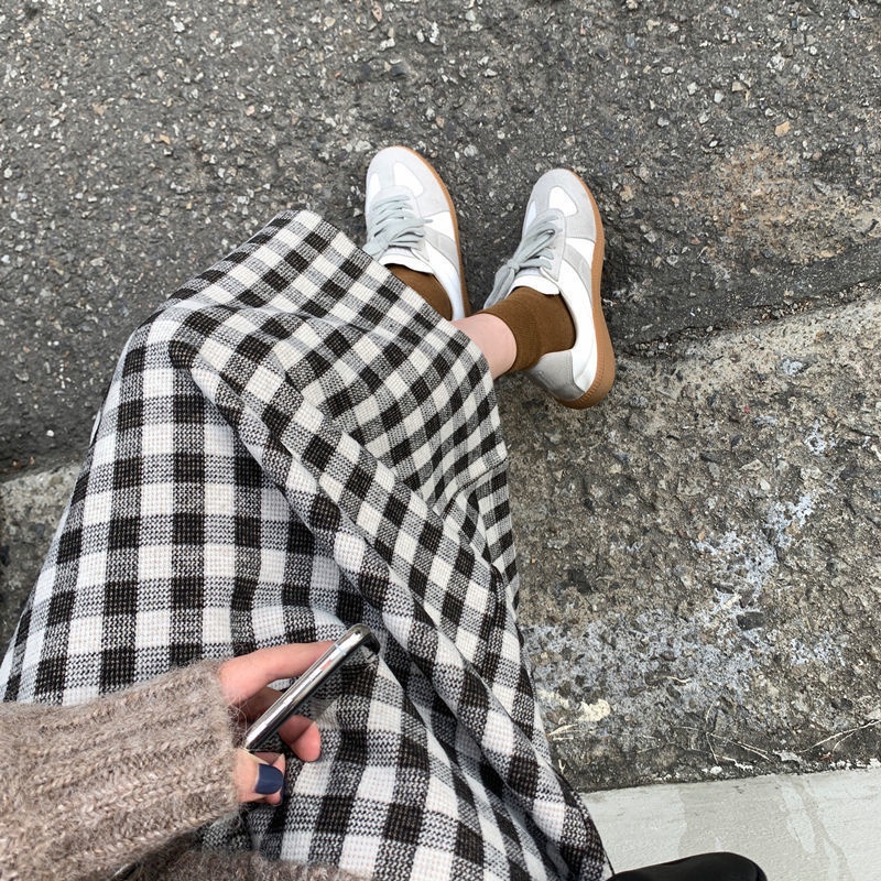 Chân váy dài qua gối lưng thun bằng len dày dặn họa tiết sọc caro phong cách Hàn Quốc cổ điển