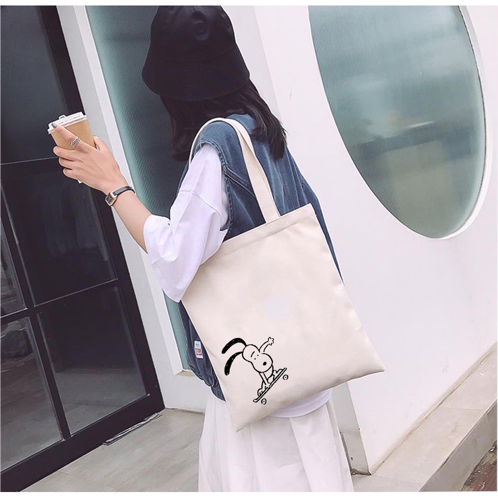 [Mã BMBAU50 giảm 50K đơn 150K] Túi Tote Vải Mộc GINKO Dây Kéo In Hình Snoopy Trượt Ván M22