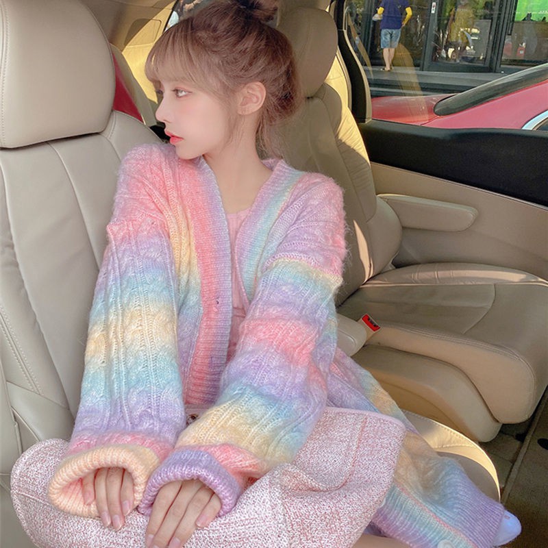 Áo khoác cardigan len lông mềm dáng rộng màu cầu vồng phong cách Nhật Bản thời trang xuân thu 2021 cho nữ