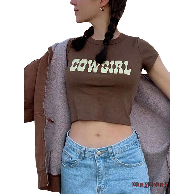 Áo Croptop Ngắn Tay Cổ Tròn In Chữ Dáng Ôm Gợi Cảm Cho Nữ